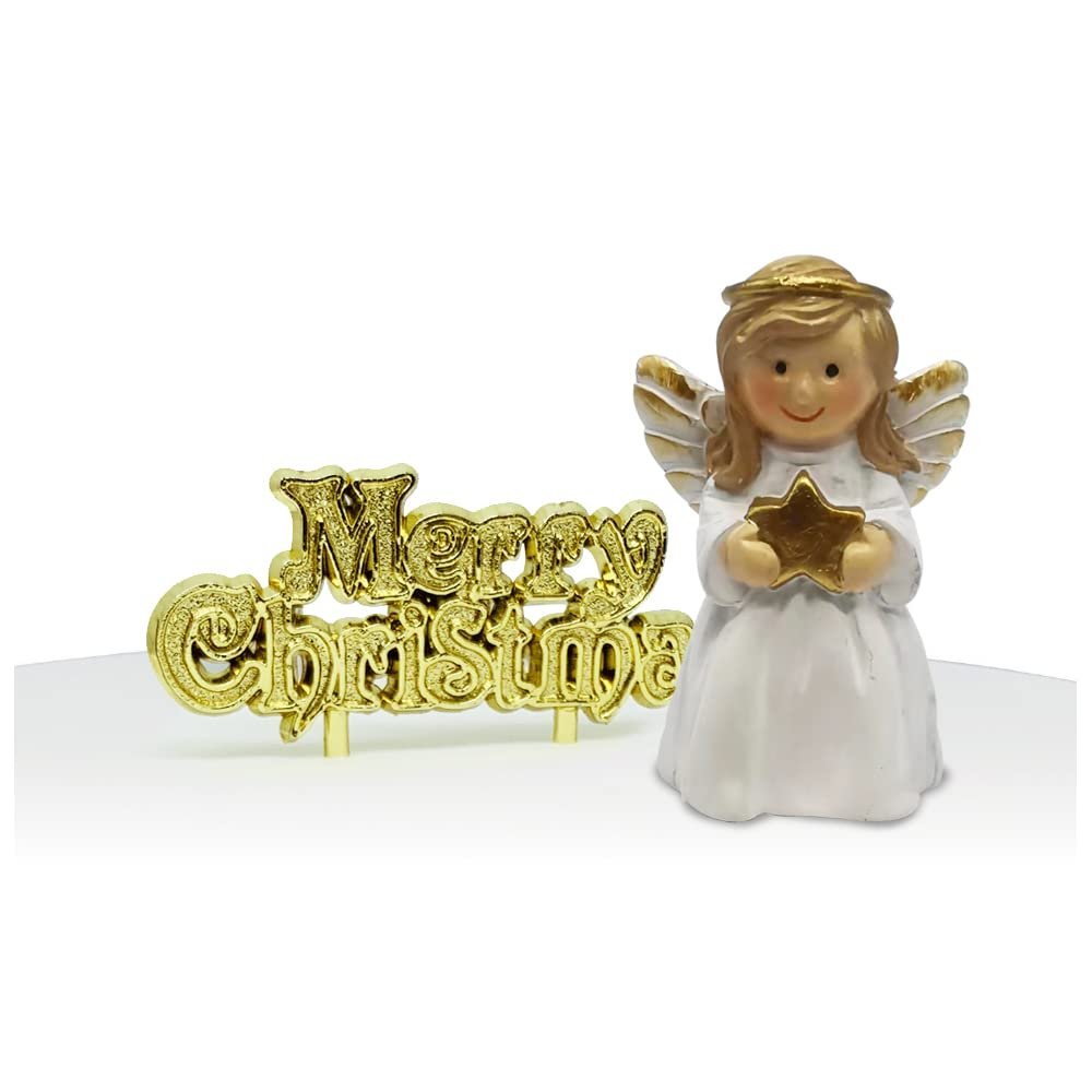 Anniversary House 2pcs Christmas Cake Toppers Set - Nativity Angel Resin Topper & Gold Merry Christmas Motto - Traditional Non-Edible Yule Log Decorations - Festive Bakes Decor