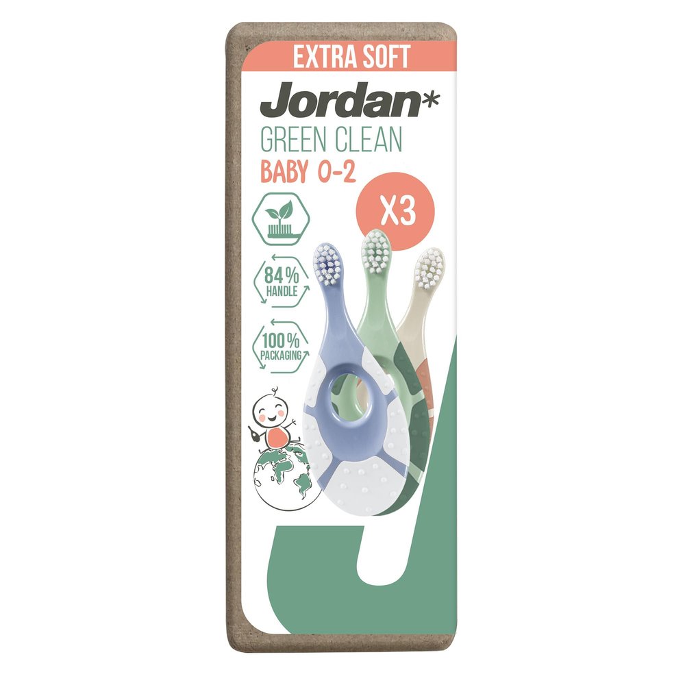Jordan  | Step 1 Green Clean Toddler Toothbrush | Sustainable Baby Toothbrush 0-2 Years | Bio Based Extra Soft bristles, 84% Recycled Handle, Soft Biting Ring | Mixed Colors | Pack of 3