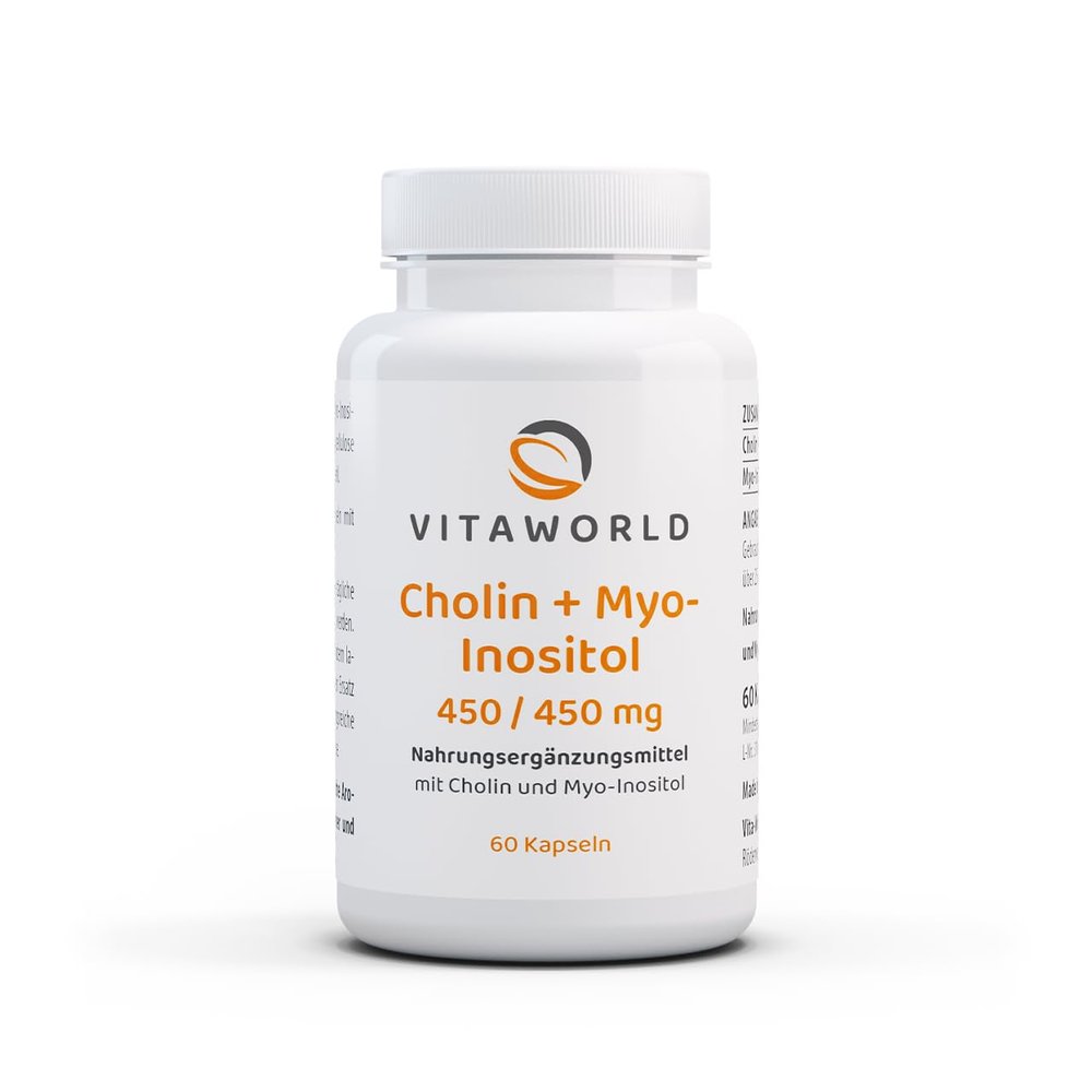 Vita World Choline 450 mg + Myo-Inositol 450 mg 60 Capsules Vegan Choline Bitartrate Made in Germany