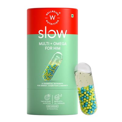 Wellbeing Nutrition Slow Multivitamin for Him | Plant Based 100% RDA of 22 essential Vitamins & Minerals |Caffeine & Ginseng in MCT Oil| Energy, Stamina, Bone & Joint, Immunity & Vitality(60 Capsules)
