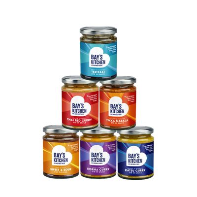 Bay's Kitchen Asian Bestselling Cooking Sauce Bundle (6 jars) including Sweet & Sour Sauce, Korma and Tikka Masala, Katsu, Teriyaki and Thai Red Curry, Gluten-Free, Dairy-Free and Low Fodmap