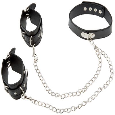 Ouch! Bonded Leather Collar with Hand Cuffs - with Adjustable Straps and Chain