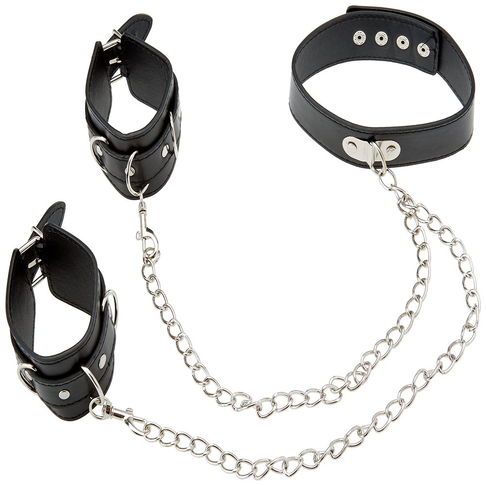 Ouch! Bonded Leather Collar with Hand Cuffs - with Adjustable Straps and Chain