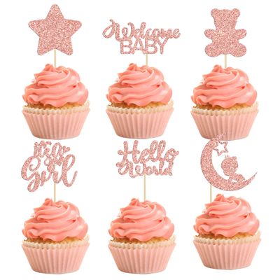 Gyufise 24Pcs Baby Shower Girl Cupcake Toppers Moon Rose Gold Glitter Bear Star It's a Girl Hello World Gender Reveal Cupcake Picks Baby Shower Kids Girls Birthday Party Cake Decorations Supplies
