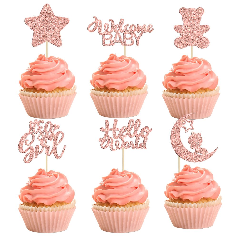 Gyufise 24Pcs Baby Shower Girl Cupcake Toppers Moon Rose Gold Glitter Bear Star It's a Girl Hello World Gender Reveal Cupcake Picks Baby Shower Kids Girls Birthday Party Cake Decorations Supplies
