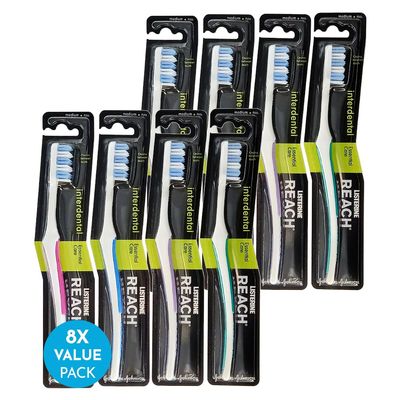 REACH Essential Care Interdental Medium Toothbrush, Single Pack x 8, Full Head Hard Bristle Manual Toothbrushes, Variety Colors Multipack, Daily Oral Enamel Dental Care