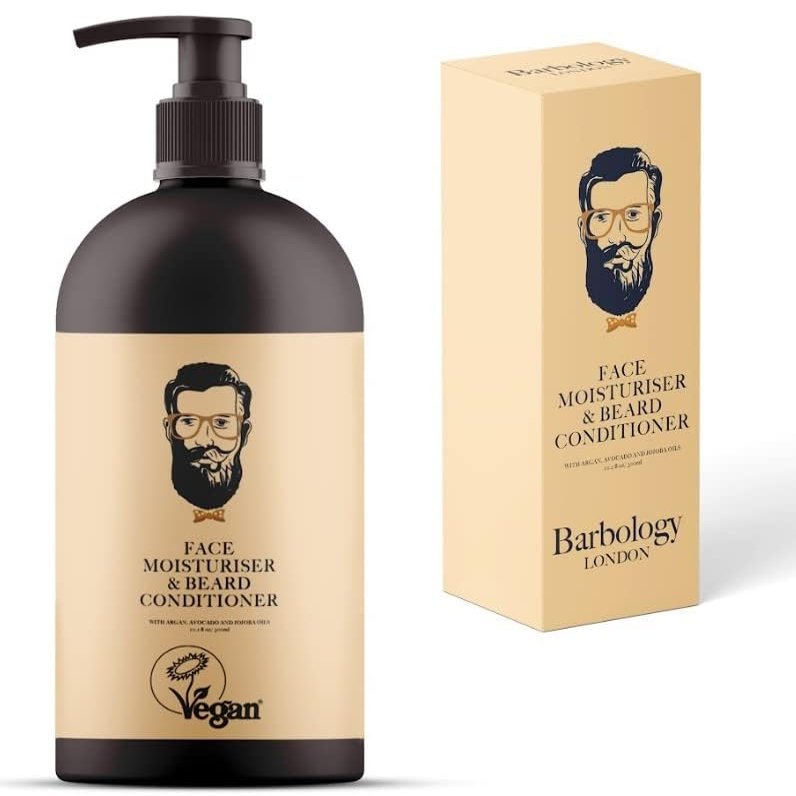 Barbology LONDON 2-in-1 Beard and Face Moisturizer with Jojoba Oil, Argan Oil, and Avocado Oil, Conditions Dry, Itchy and Coarse Facial Hair, 10oz Pump Bottle