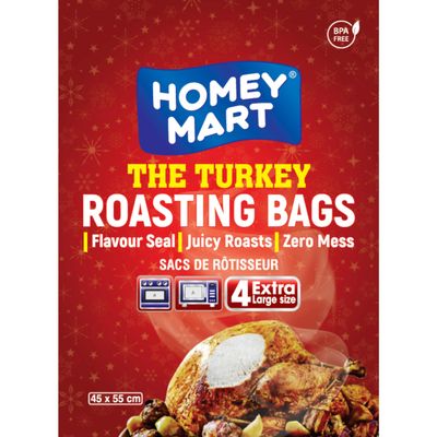 4 x The Turkey Roasting Bags Flavour Seal Jumbo Oven Bags with Ties for Ovens and Microwaves Perfect for Roasting Turkey Chicken Fish Meat and Vegetables - 45cm x 55cm Extra Large