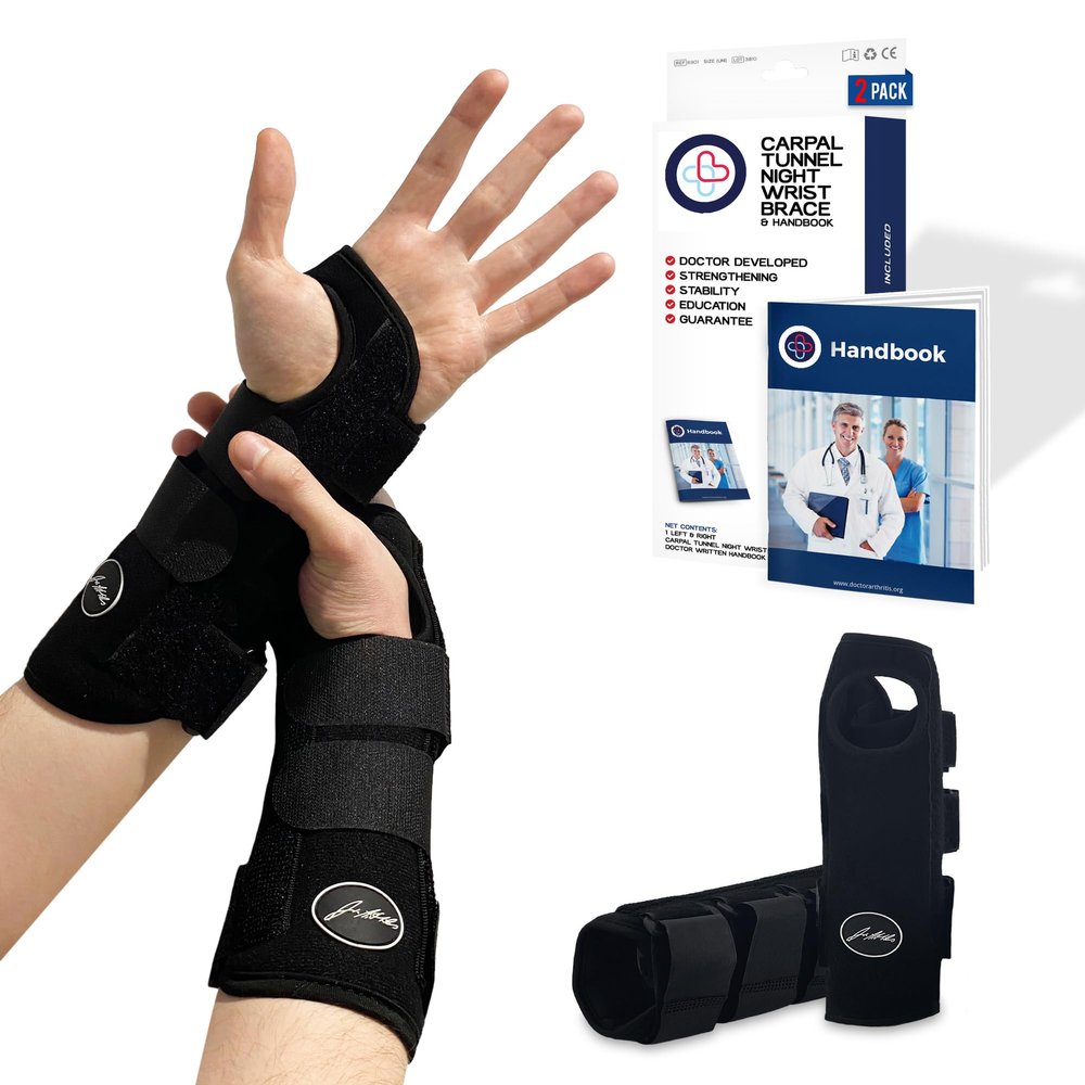 2 pack Doctor Developed Carpal Tunnel Wrist Braces  Adjustable Night Wrist Support with Metal Splints, Hand & Wrist Stabiliser for Men & Women, No Thumb Pressure (Black)