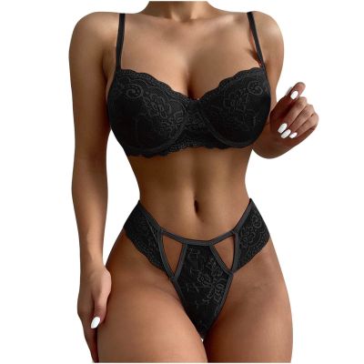 UIVHLW Chemises & Negligees Chest Pad Transparent Lace Mesh Women's Underwear Black