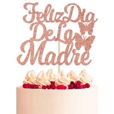 Aeryourtar Feliz Dia De la Madre Cake Topper, Spanish Best Mom Ever/Feliz Cumpleanos Mama Cake Decorations for Celebrating Happy Mother's Day Party Supplies, Rose Gold Glitter