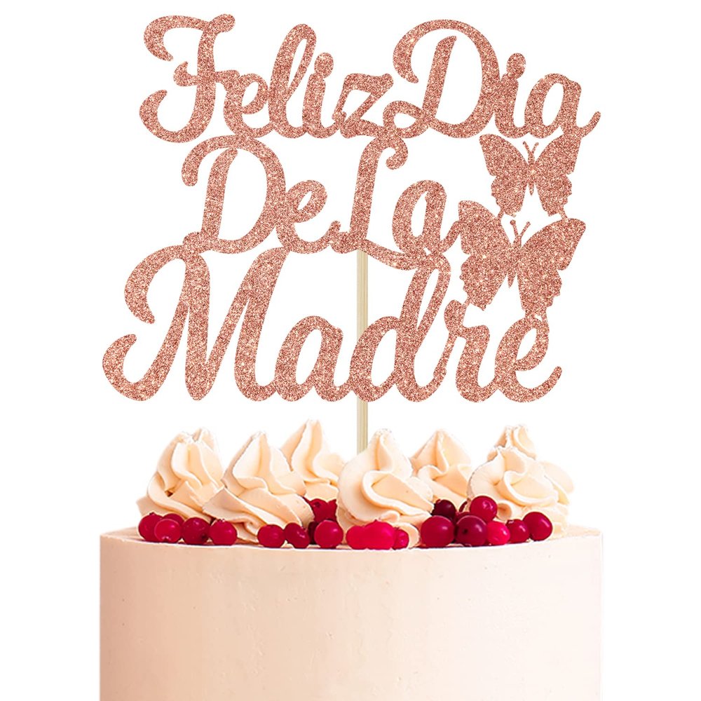 Aeryourtar Feliz Dia De la Madre Cake Topper, Spanish Best Mom Ever/Feliz Cumpleanos Mama Cake Decorations for Celebrating Happy Mother's Day Party Supplies, Rose Gold Glitter