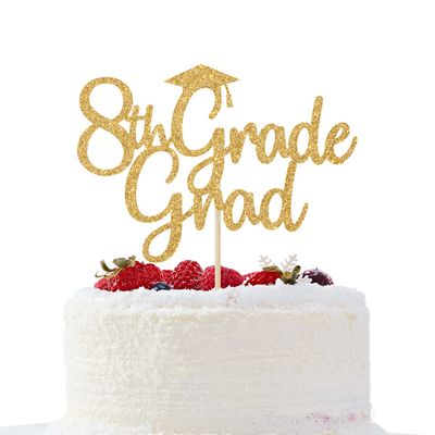 Gold Glitter 8th Grade Grad Cake Topper - Class of 2022 Congrats Grad Cake Decor, Fifth Grade Graduation Party Decorations
