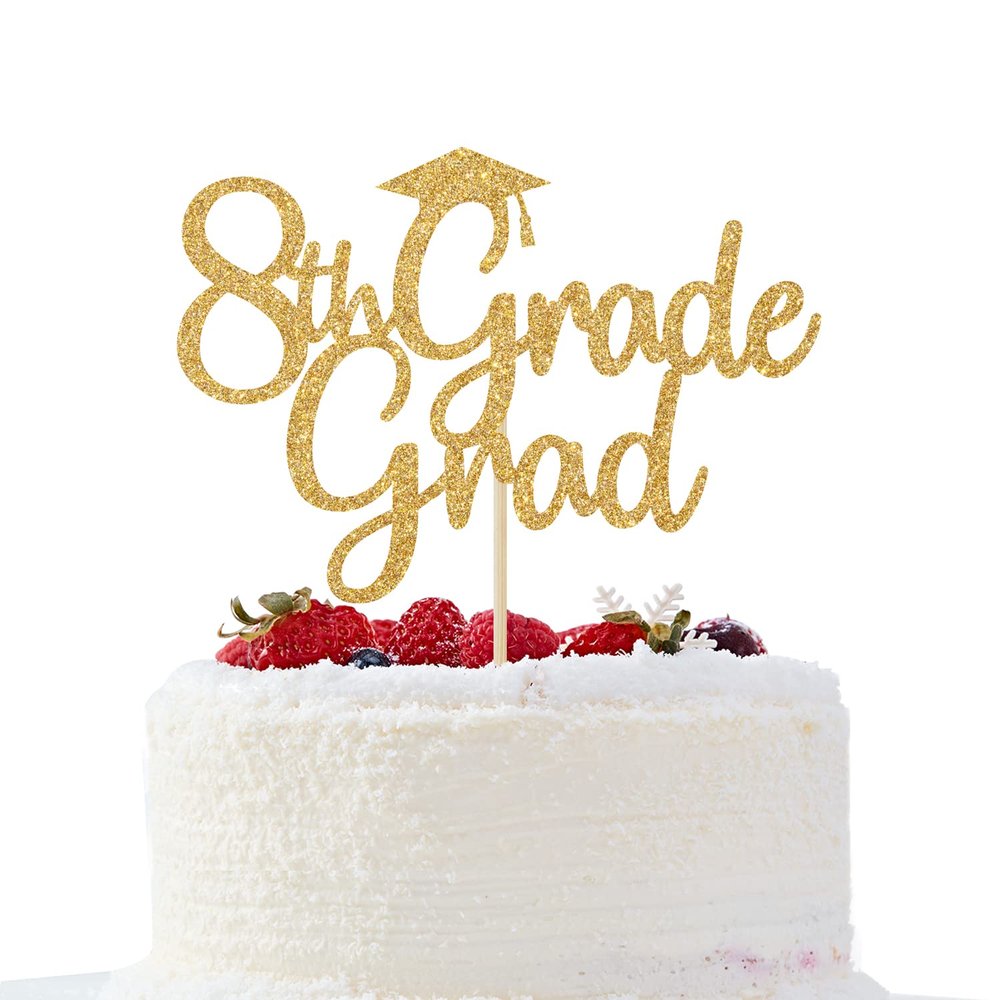 Gold Glitter 8th Grade Grad Cake Topper - Class of 2022 Congrats Grad Cake Decor, Fifth Grade Graduation Party Decorations