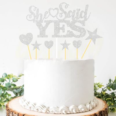 Mobile Stuff Glitter She Said Yes Cake Topper, Bridal Shower / Engagement / Proposal Cake Decoration - Bride To Be - Bachelorette Party Decoration, Wedding / Bride Shower Party Supplies (Silver)