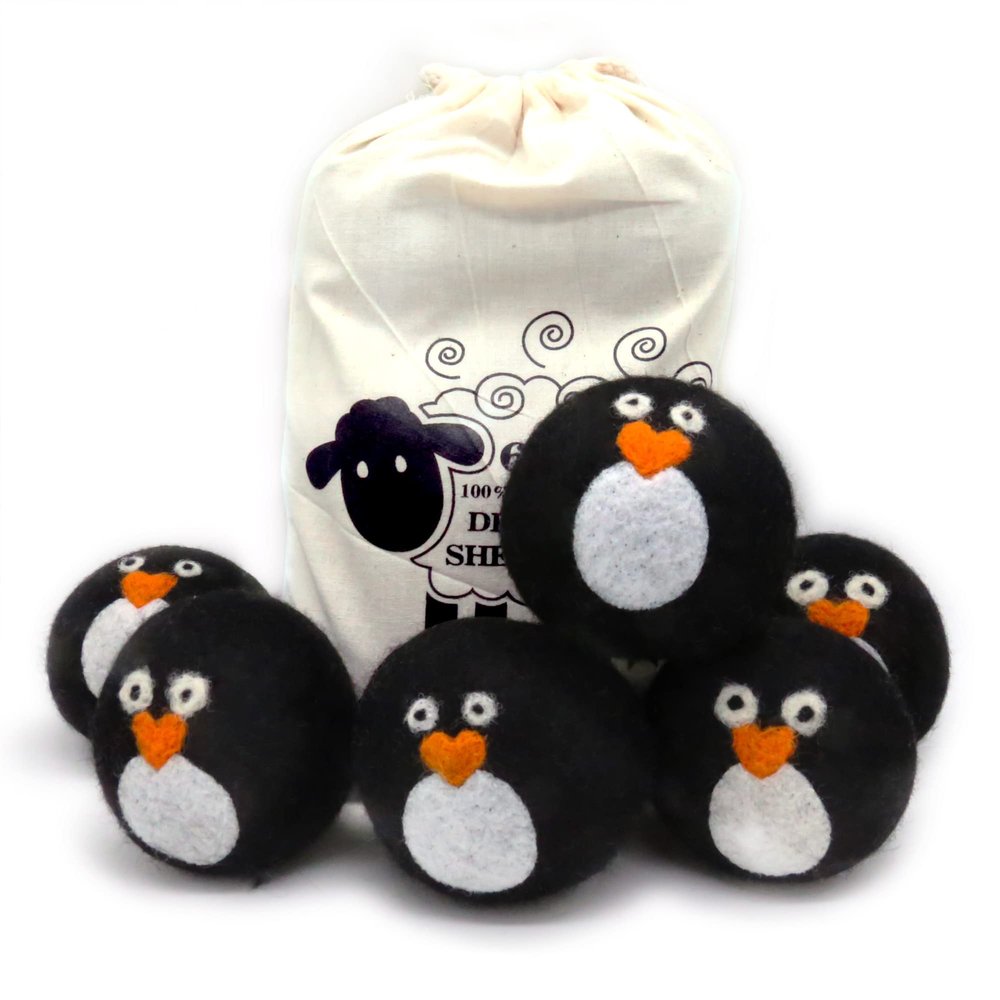 Pack of 6 Wool Dryer Balls, Muulaii Reusable Fabric Softener, Extra Large, Black Penguin