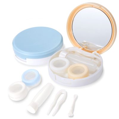 Contact Lens Case with Mirror Tweezers Suction Cup Solution Bottle Set for Home Travel Outdoor Activities 2 Pieces, blue, yellow, Contact lens container