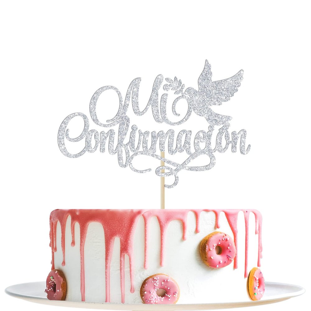 Silver Glitter Mi Confirmacin Cake Topper - Holy Confirmation Decorations - Wedding, Bridal Shower, God Bless, Baptism Party Decorations