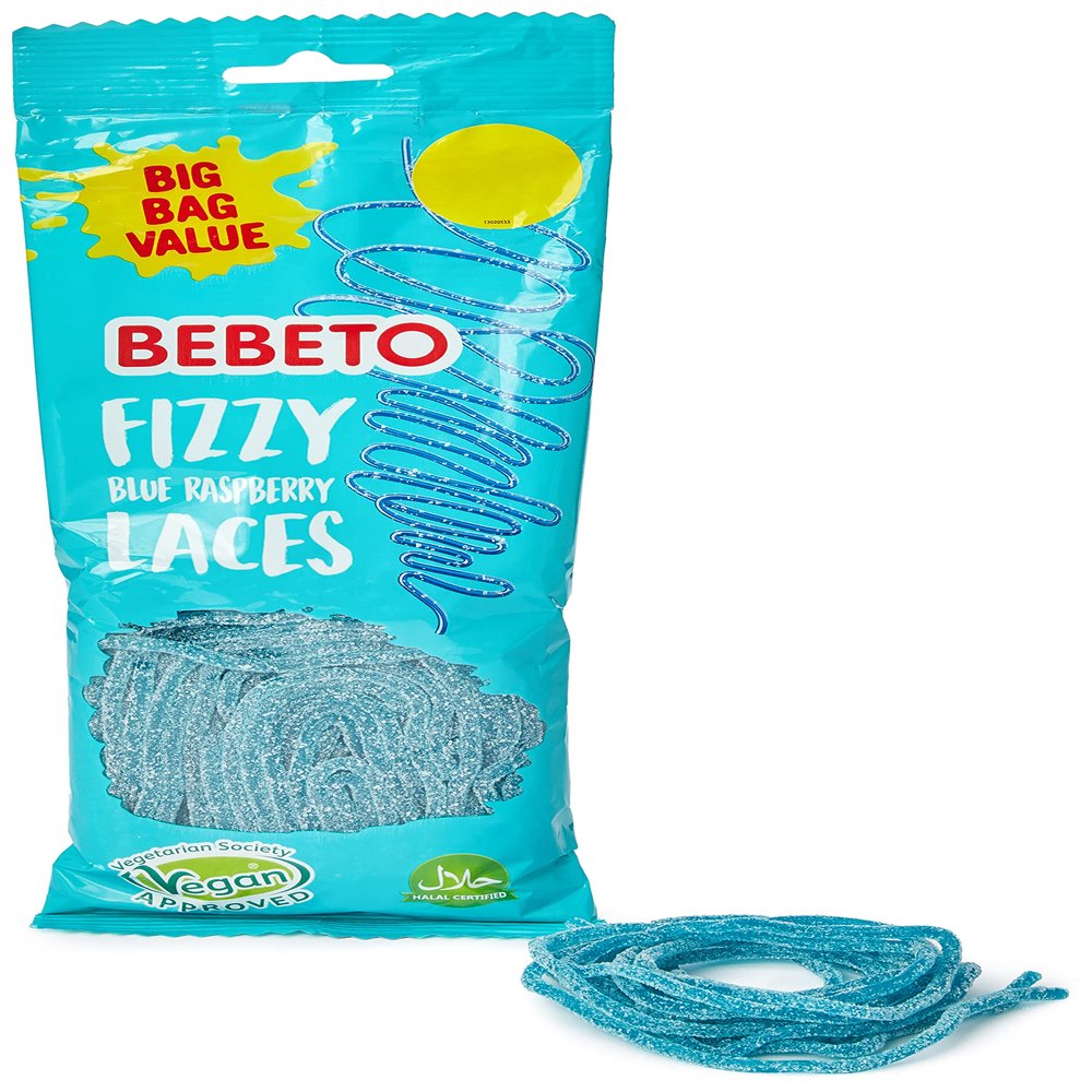Bebeto Fizzy Blue Raspberry Laces, Fizzy Chewy Fruity Gummy Laces, Halal Certified & Vegan Candy, Pack of 12, 2.4kg