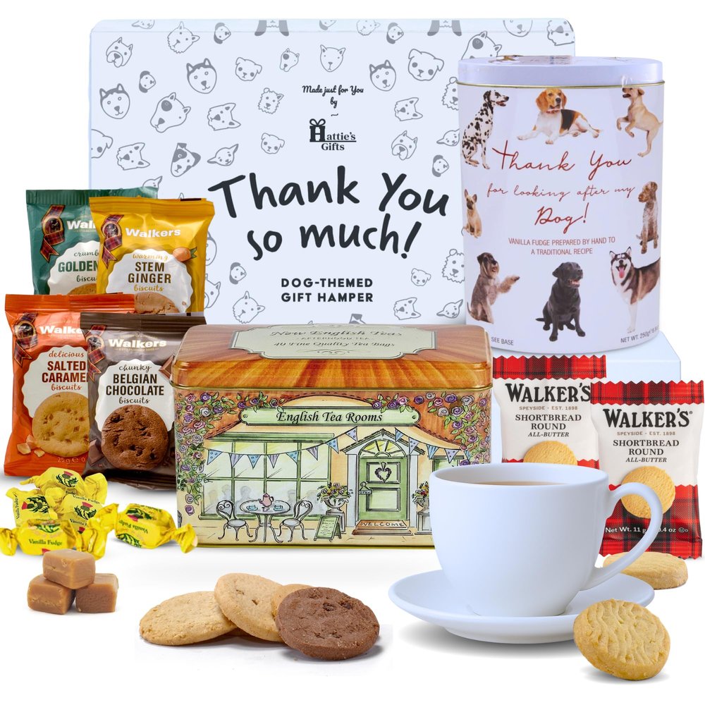 Thank You for Looking After My Dog Gifts  Hatties Gifts Dog Walker and Sitter Thank You Hamper, Luxury Tea and Biscuit Hamper with Vanilla Fudge Tin