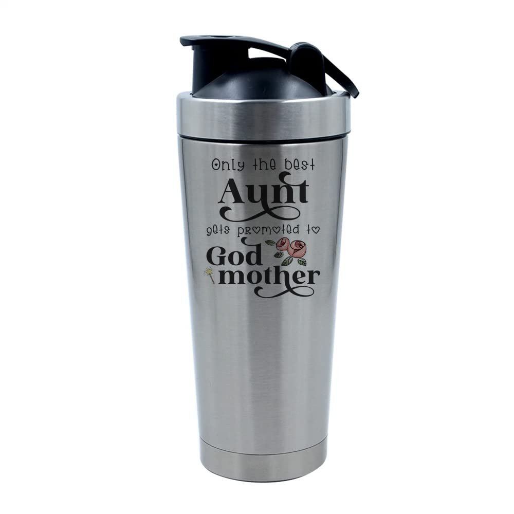 Getagift 500ml Aluminium Shaker Bottle for Supplement Shakes - Easy Clean, Durable Cup Mothers Day, Only The Best Aunt gets Promoted To Godmother Birthday, God Mom. (Silver)