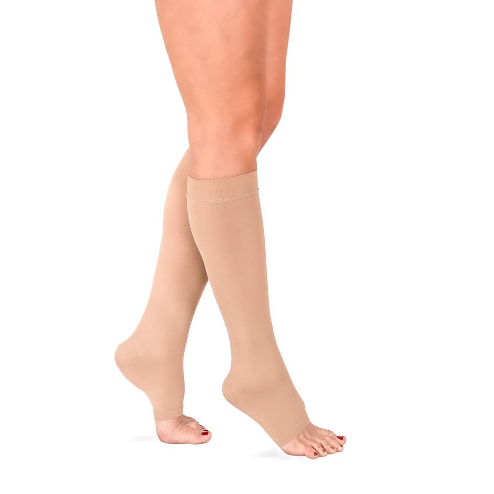 RIEMTEX Class 1 CCL1 Compression Stockings for Men and Women with Open Toe Black or Beige Classic Series 7110 (Size 1, Beige)