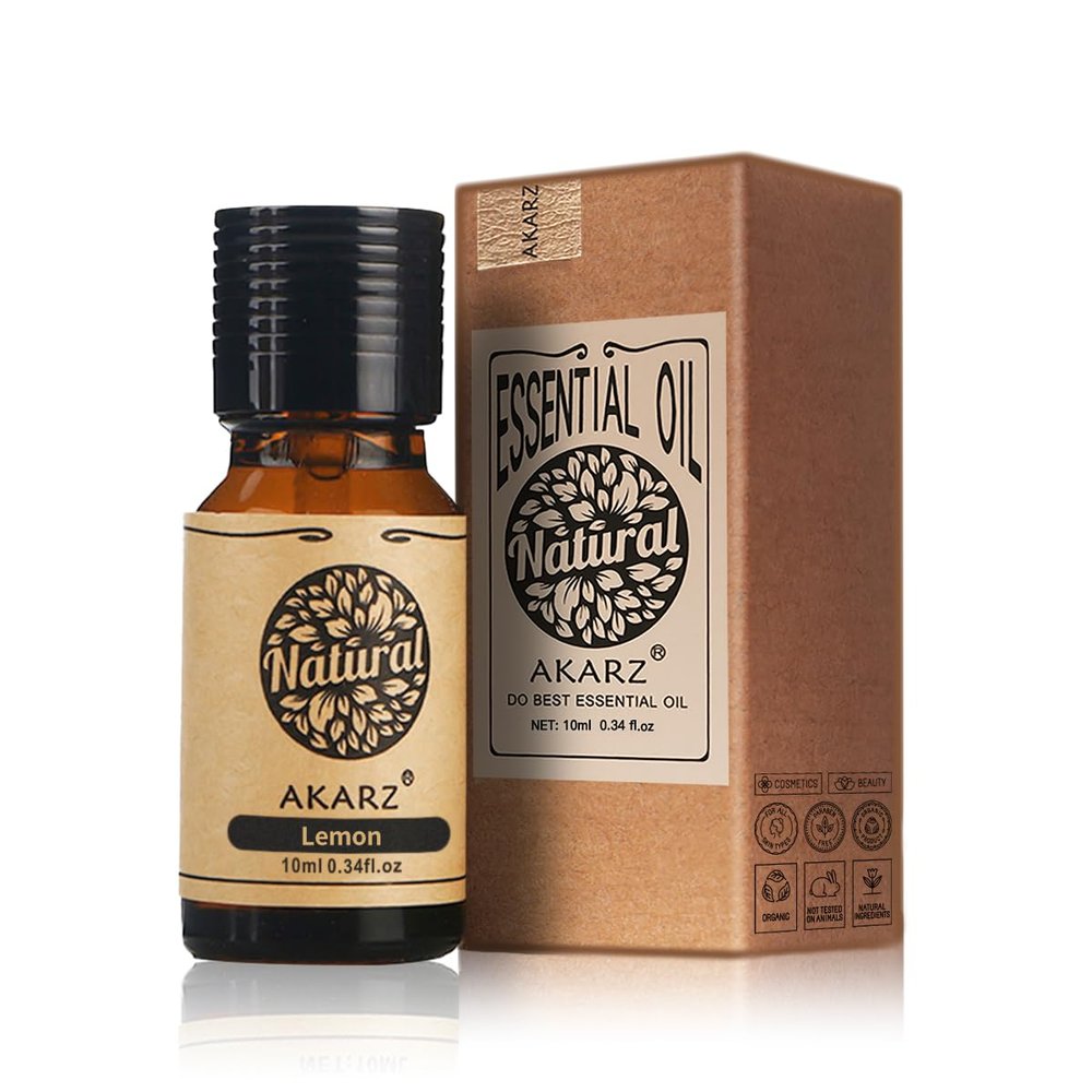 AKARZ Lemon Essential Oil Natural Organic Premium Therapeutic Lemon Oil for Skin Body Hair Care,Diffuser, Candle,Soap,Making, DIY,Massage Aroma 10ml