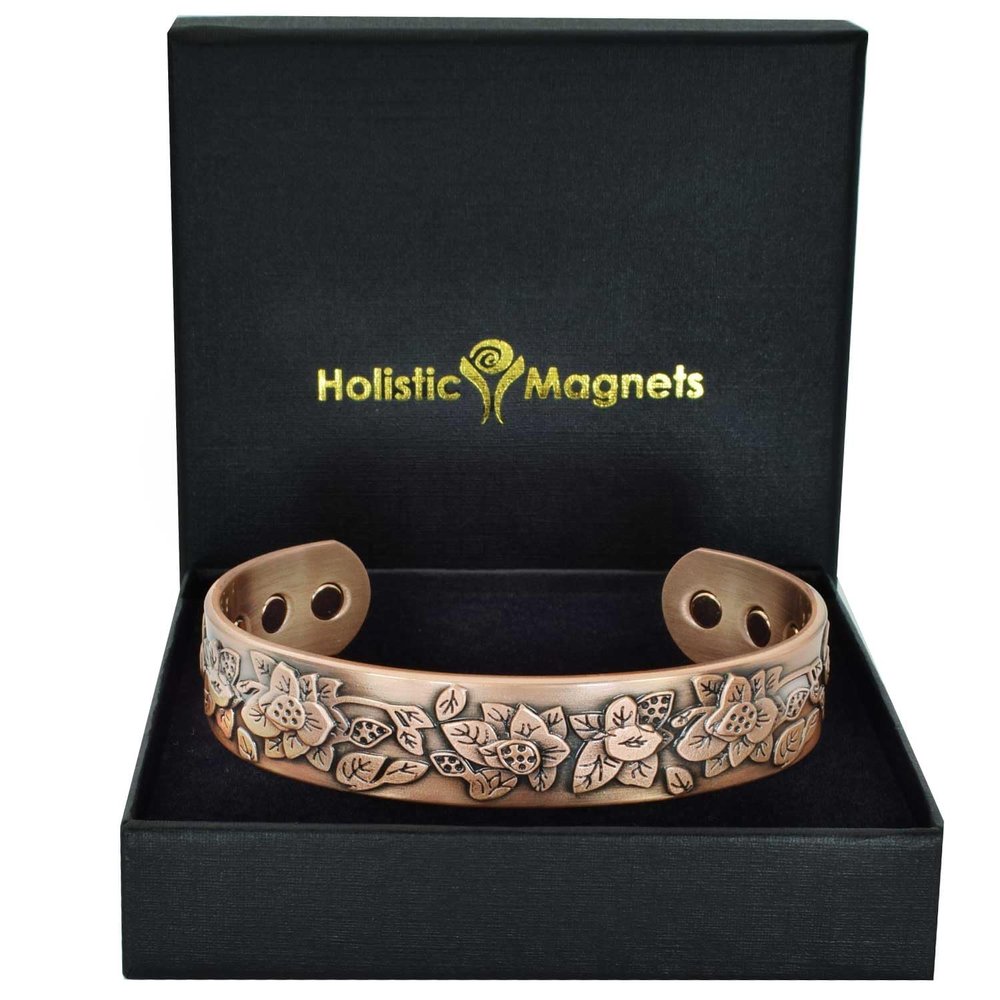 Ladies Pure Copper Magnetic Bracelet Women Copper Bangle Cuff 6 Neodymium Magnets Adjustable, Floral Pattern-EF (L: Wrist 19.5-22.5cm/7.6-8.75")