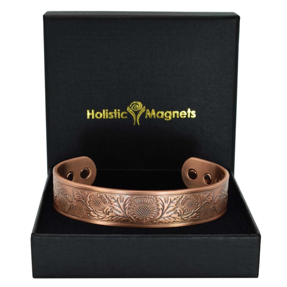 Extra Large Copper Magnetic Bracelet Men Pure Copper Wristband 6 Neodymium Magnets, Adjustable, Scottish Thistle-ST (XL: Wrist 2224cm/8.69.5)