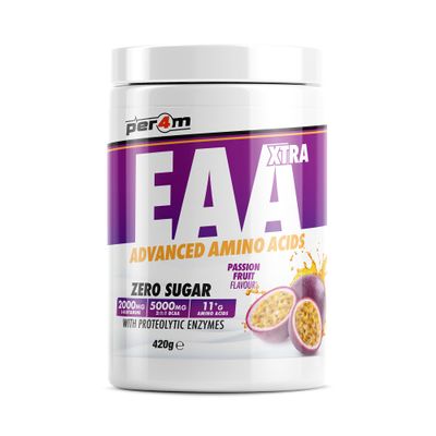 Per4m EAA Xtra/Amino Xtra | 30 Servings of Full Spectrum EAA with Proteolytic Enzymes | Vegan Friendly | Zero Sugar Amino Acid (420g, Passionfruit)