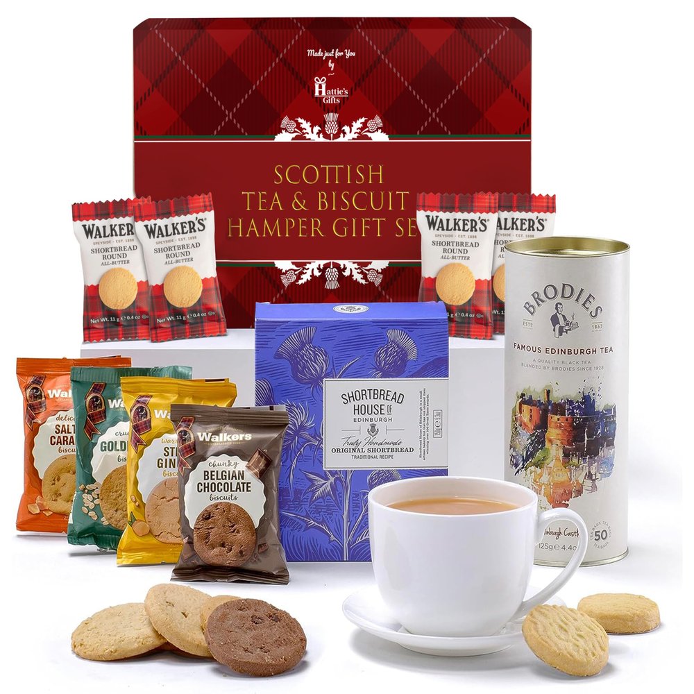 Hatties Gifts Tea and Biscuits Gift Set  Scottish Afternoon Tea Hamper with Shortbread Biscuits  Valentines Gifts for Her & Luxury Scottish Gifts for Women & Men