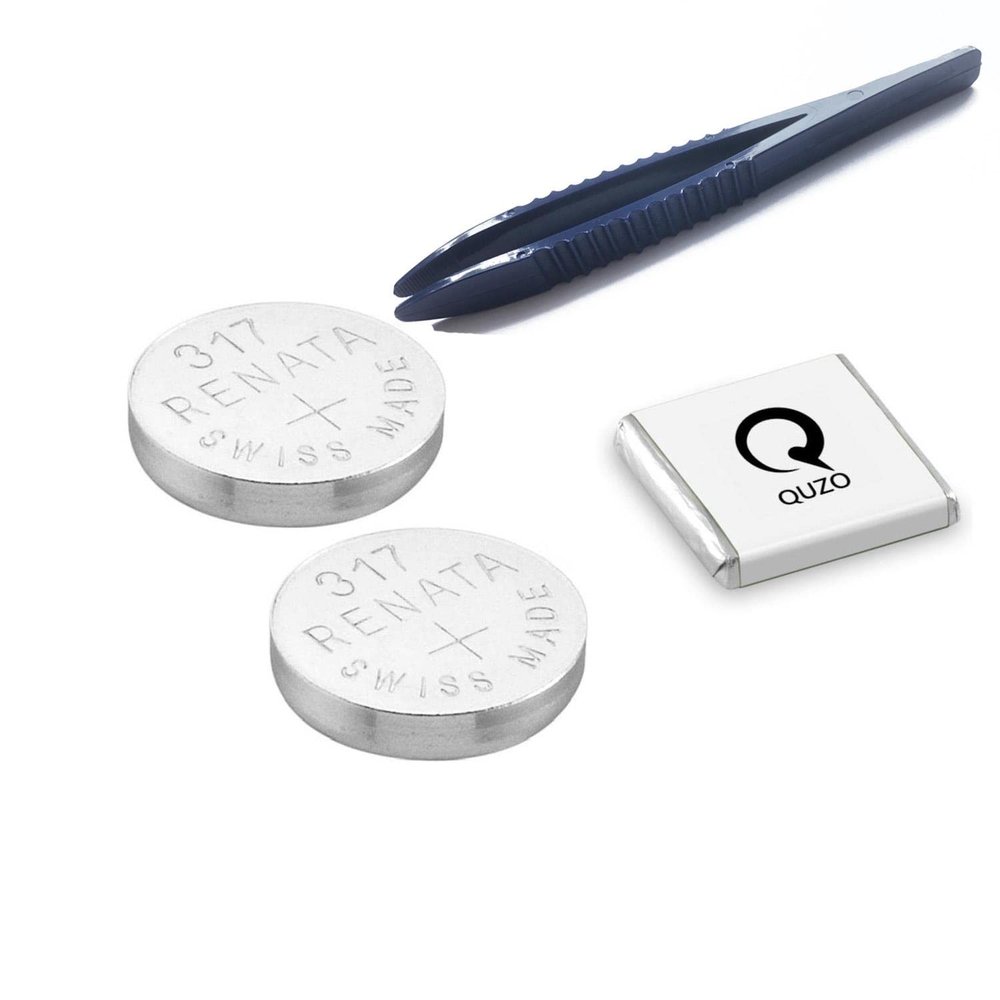 Bundle of 2x Renata 317 Batteries and Specialist Installation Tweezers and Quzo Belgian Chocolate
