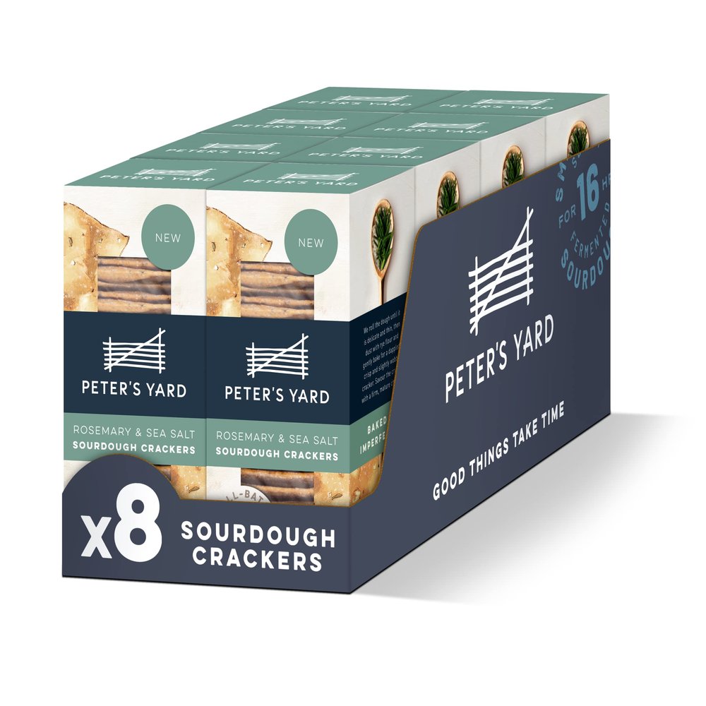 Peter's Yard Sourdough Crackers, Rosemary and Sea Salt, Great with Chutney and Cheese, High Fibre, Natural Ingredients, Low Sugar, Pack of 8 x 90g Boxes