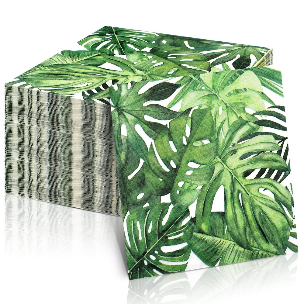 100 Pcs Tropical Cocktail Napkins Green Hawaiian Luau Dinner Napkins Palm Tree Safari Napkins Tropical Party Decorations Hawaiian Square 3 Ply Disposable Napkins for Birthday Jungle Shower