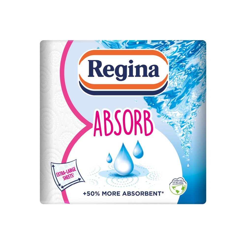 Regina Absorb Kitchen Towels  2 Rolls Per Pack, Super Absorbent 2-ply Kitchen Towels, 75 Sheets Per Roll, Extra-large Sheets, 50percent More Absorbent Than Previous XXL Products, Easy Open Pack