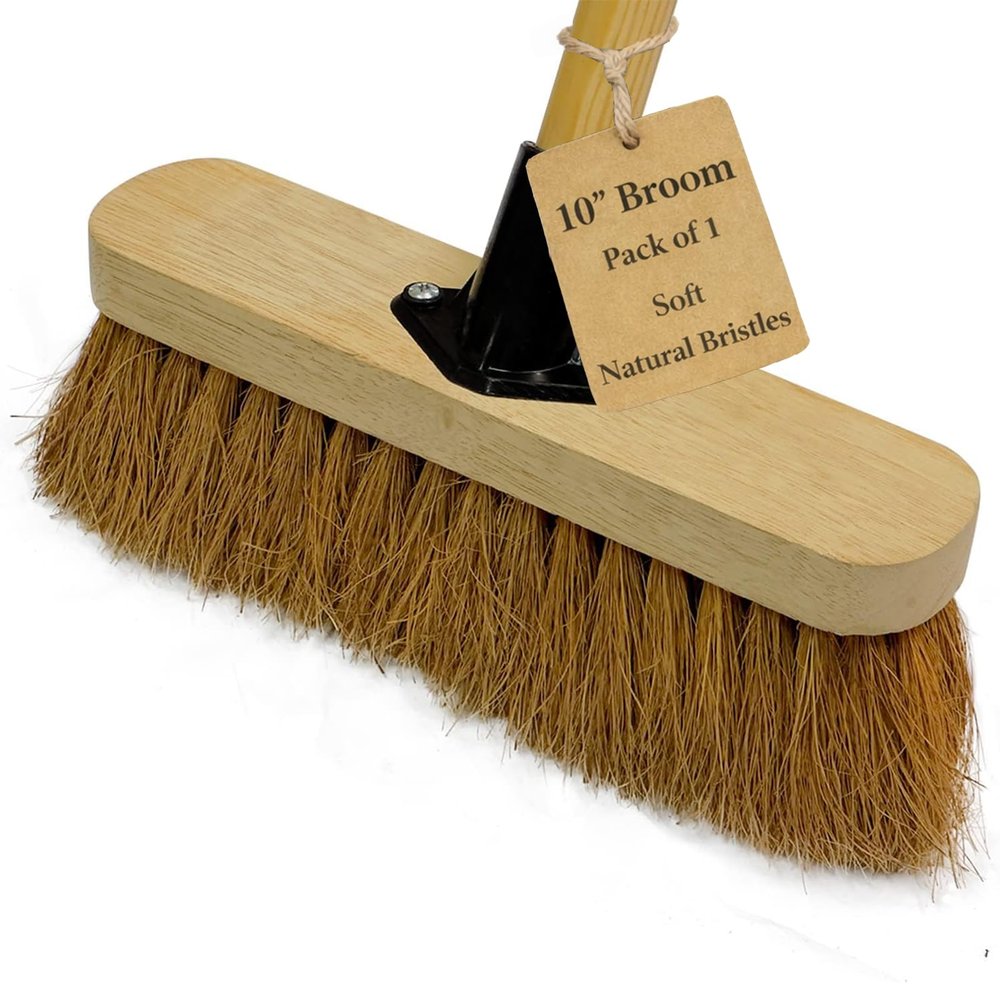 10 Soft Broom Indoor with Wooden Handle Natural Coco Bristles Sweeping Brush with Durable Support Bracket for Cleaning Any Surface Wooden Floor Decking and Paving Slabs (1)