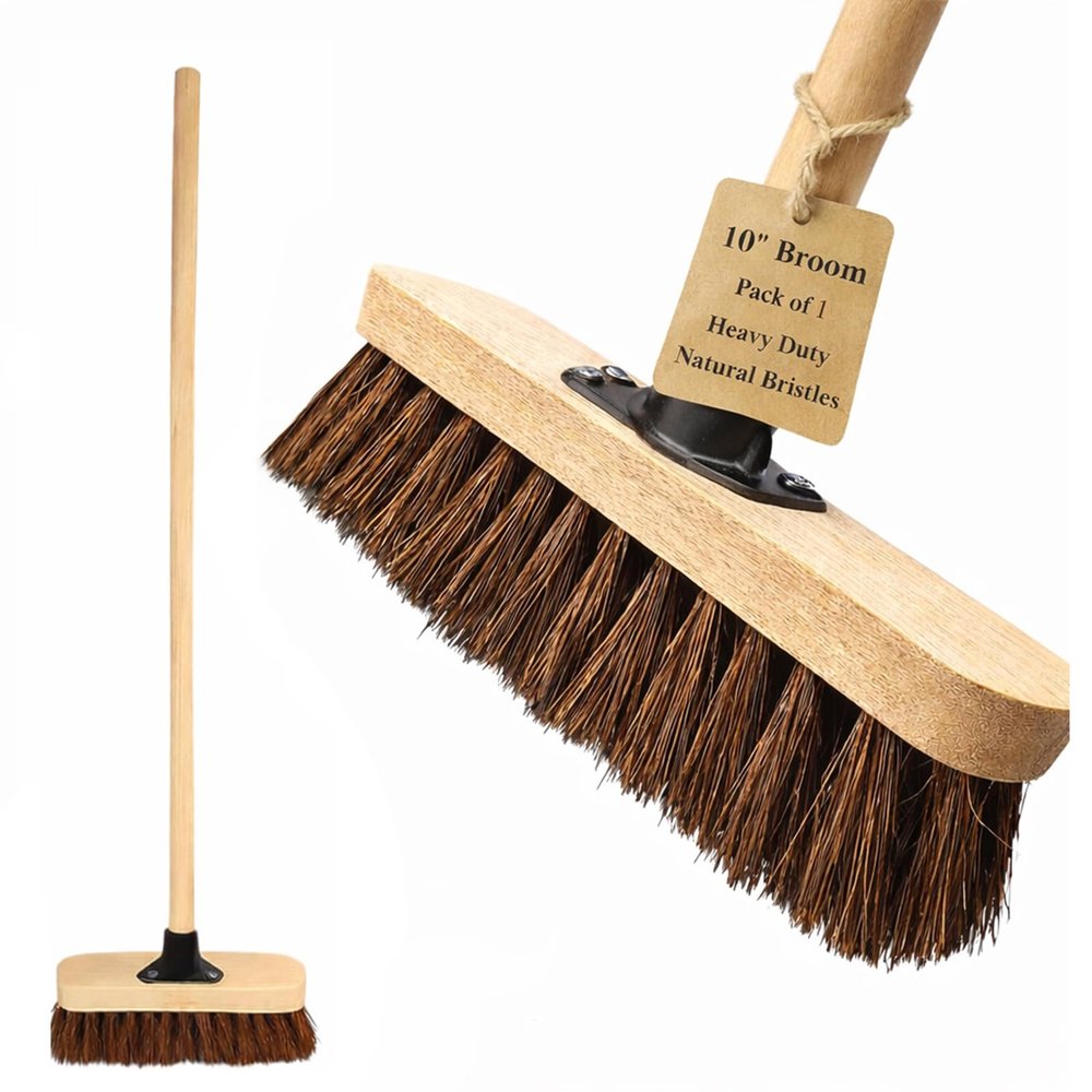 10 Garden Broom Outdoor with Wooden Handle Natural Stiff Bassine Hard Bristle Push Broom with Durable Support Bracket Yard Brush Heavy Duty Outdoor Stiff Sweeping Yard Brush (1)