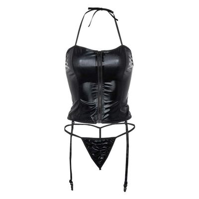 FGHSD Women's Costumes Sexy Lingerie Womens Sexy Underwear Zipper Bodysuit with Garter Thong Lingerie (Black M)