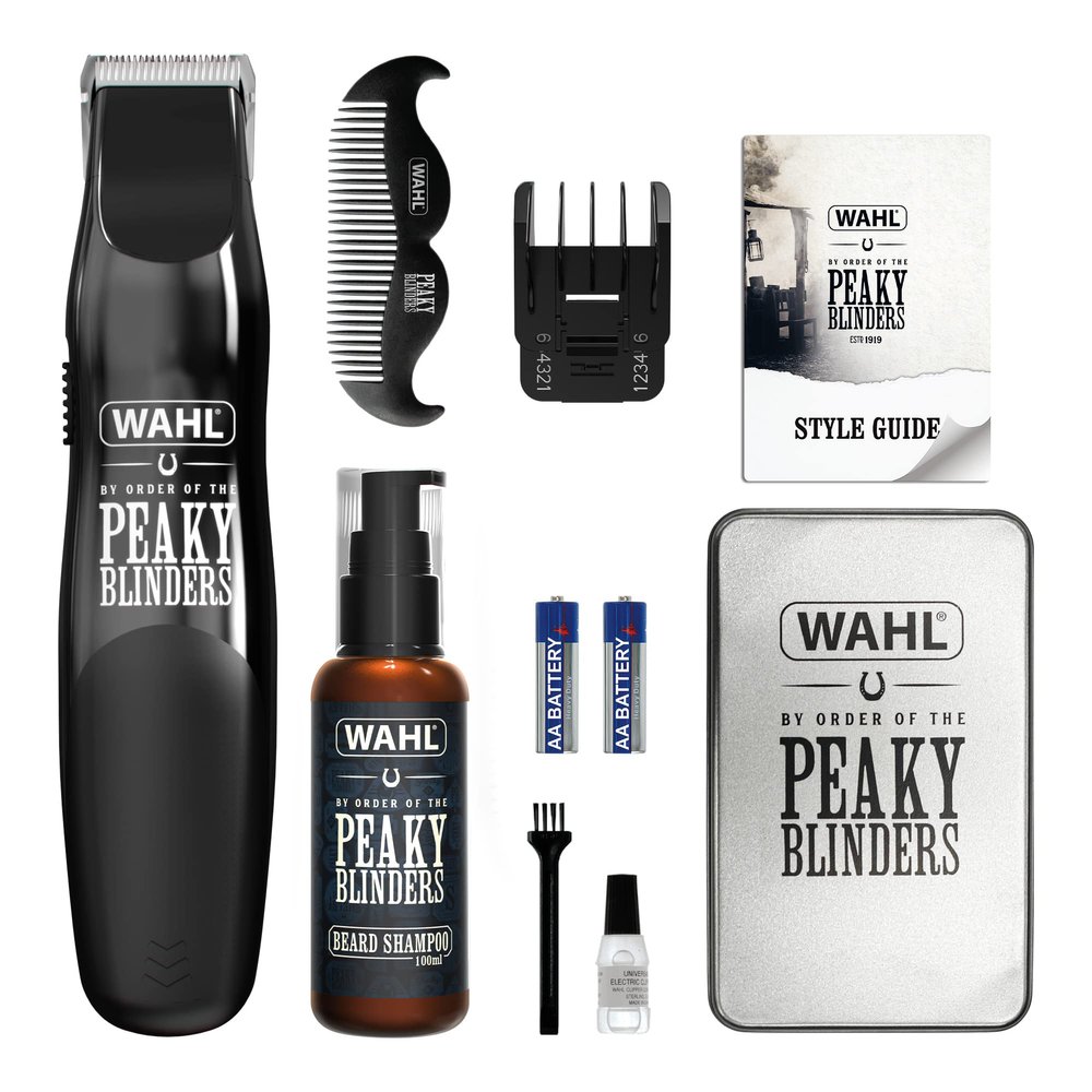Wahl and Peaky Blinders Beard Trimmer Gift Set, Battery Powered Trimmer, Mens Stubble Trimmers, Facial Hair Trimming, Beard Shampoo, Beard Care, Mens Grooming