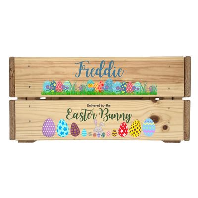 Second Ave Personalised Blue Easter Bunny Wooden Crate Box Easter Egg Treat Children Hamper Gift
