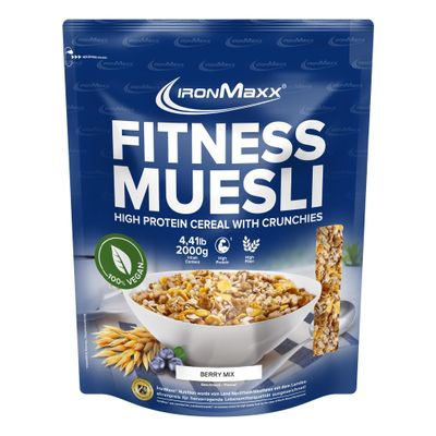 IronMaxx Fitness Muesli - Berry Mix 2kg Bag | Vegan High-Protein Crunch Muesli | Reduced Sugar & High-Fibre Cereal