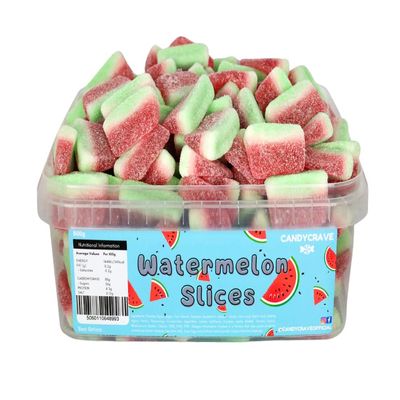 Candycrave Watermelon Slices Tub 600g | Fizzy Watermelon Flavoured Jelly Sweets | Resealable Tub | Red, White & Green | Perfect for Pick & Mix, Sharing & Sweet Displays