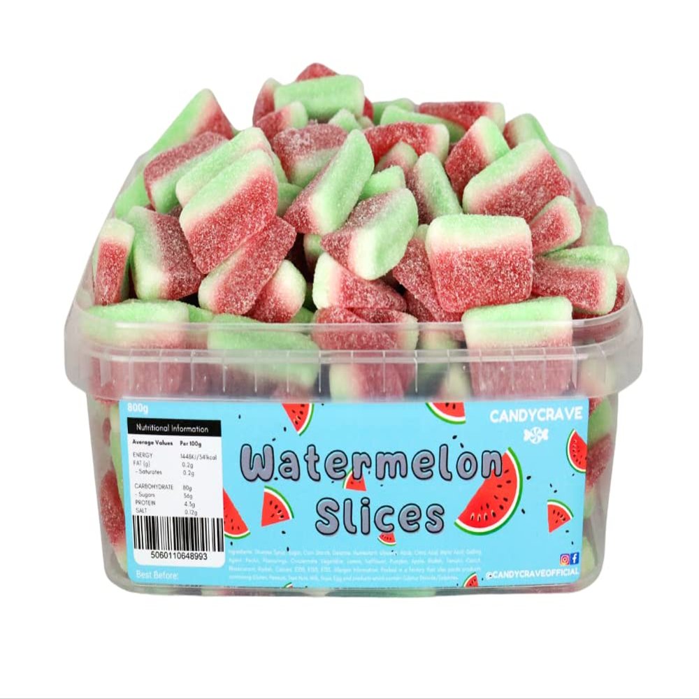 Candycrave Watermelon Slices Tub 600g | Fizzy Watermelon Flavoured Jelly Sweets | Resealable Tub | Red, White & Green | Perfect for Pick & Mix, Sharing & Sweet Displays