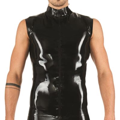 Latex Vest with Zipper at Front Sleeveless High Collar Rubber Shirt Tank Top Clothes,Brown,Male XL