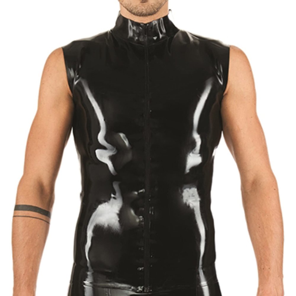 Latex Vest with Zipper at Front Sleeveless High Collar Rubber Shirt Tank Top Clothes,Brown,Male XL