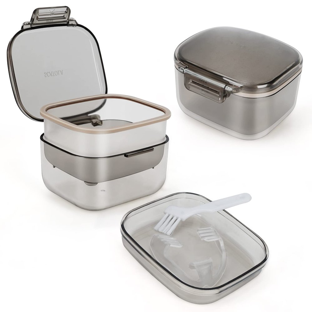 wowotaoo Denture Bath Cup, Denture Case,Retainer Cup,Three-Layer Retainer Case,Denture Cup, Mouth Guards Holder, Partial denture Soak Container, Retainer Box Size:3.15 * 2.08 * 3.35(black)