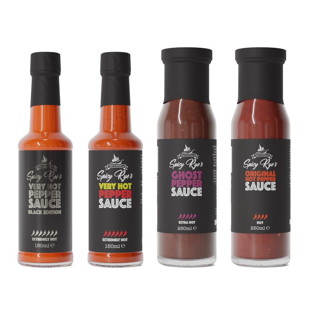 Spicy Rye's The Heat Seekers Gift Set - Pack of 4 x Smooth, Spicy Hot Sauces with World's Hottest Chillies - Games & Recipes Included - Extremely Hot