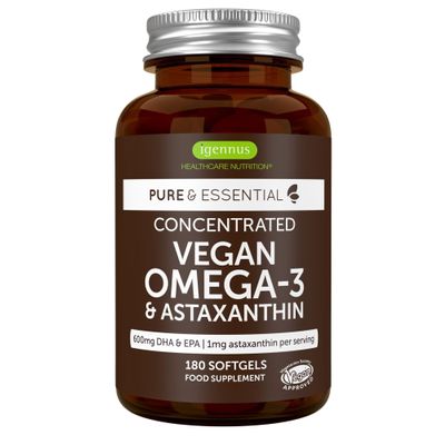 Igennus Vegan DHA & EPA Omega 3 90 Servings,1344mg Algae Oil & Astaxanthin Antioxidant, Pure & Sustainable, 400mg DHA & 200mg EPA, Easy-to-Swallow, 180 Small Softgels
