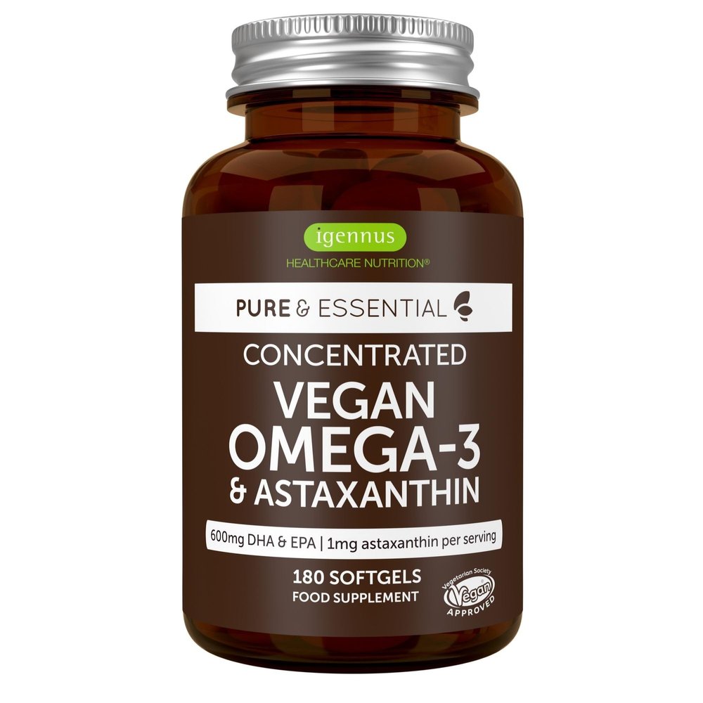 Igennus Vegan DHA & EPA Omega 3 90 Servings,1344mg Algae Oil & Astaxanthin Antioxidant, Pure & Sustainable, 400mg DHA & 200mg EPA, Easy-to-Swallow, 180 Small Softgels