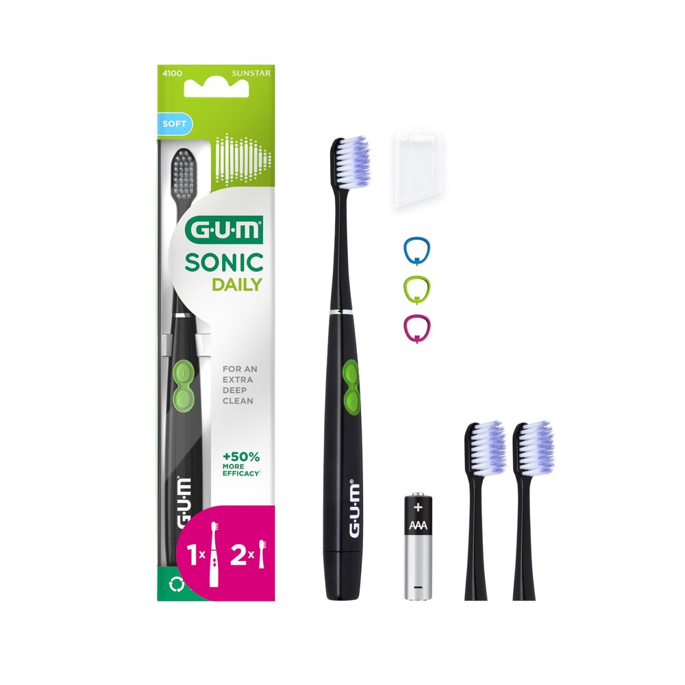 GUM Sonic Daily Battery Operated Electric Sonic Toothbrush | Particularly Suitable for on The go| for Gentle and Thorough Cleaning| 1x Toothbrush, 2X Spare Brush Heads, 1x Battery (Black)